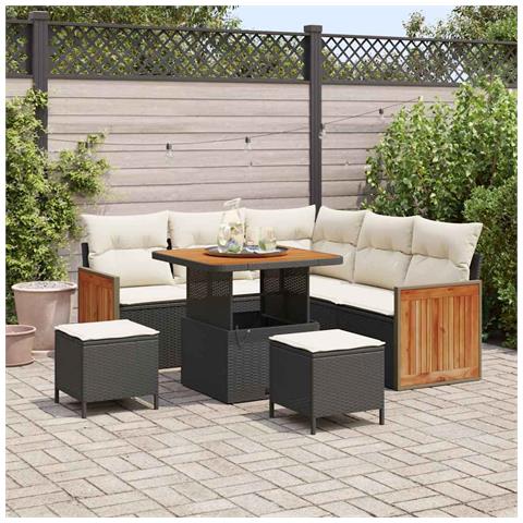 Set Divani Giardino 8 Pezzi con Cuscini Nero Polyrattan Acacia, Set Pranzo Giardino 3 Pezzi con Cuscini Nero Polyrattan Acacia - Foto 2