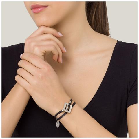 Bracciale In Pelle Nera Con Chiusura Quadrata Placcata Argento - Foto 2