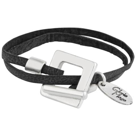 Bracciale In Pelle Nera Con Chiusura Quadrata Placcata Argento - Foto 1