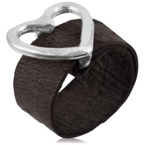 Anello In Pelle Nera Con Fibbia A Forma Di Cuore Placcata In Argento 925 - Foto 1