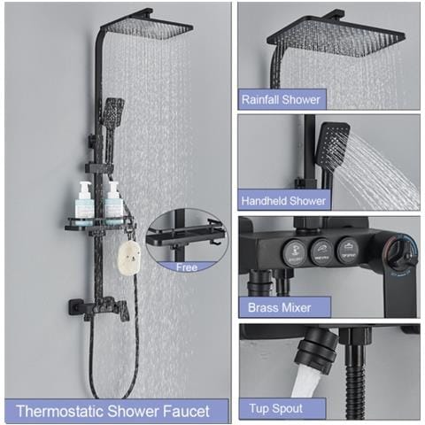 Colonna doccia, Blackswan, Tipo M222, modello nero opaco, con 3 vie, termostato, doccetta tipo SPA e bocca mobile nascosta, misura 116 cm - Foto 4