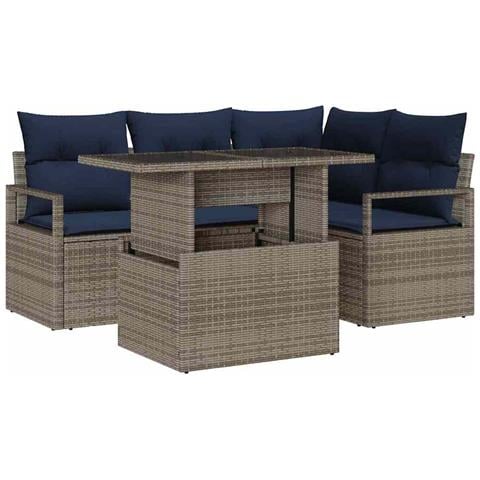 Set Divano da Giardino 5 pcs Grigio e Blu Navy polyrattan - Foto 1