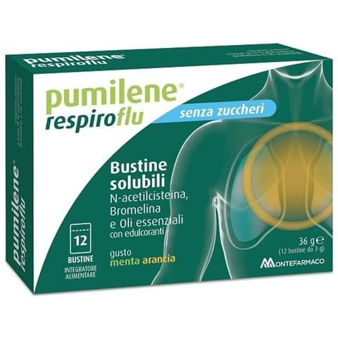Pumilene Respiroflu Senza Zucchero 12 Bustine Gusto Menta Arancia 36 g - Foto 1
