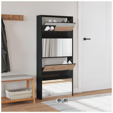 Scarpiera Con Specchio A 4 Livelli Nera 63x17x134 Cm - Foto 3