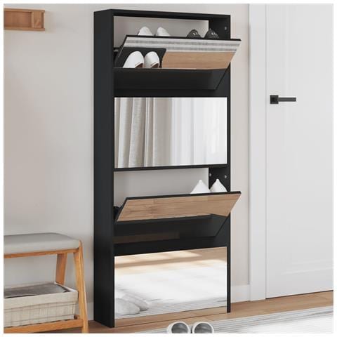 Scarpiera Con Specchio A 4 Livelli Nera 63x17x134 Cm - Foto 1