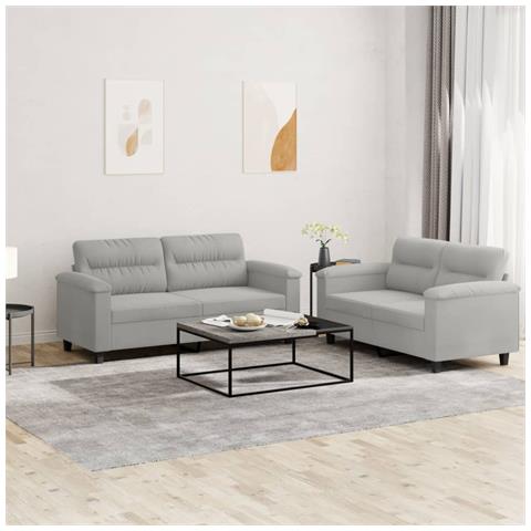 Set Divani 2 Pz Con Cuscini Grigio Chiaro In Tessuto Microfibra - Foto 1