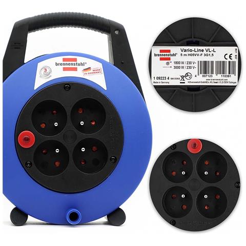 Avvolgicavo A 4 Prese Vario-line Cavo Di Prolunga Da 5 M Con Impugnatura Ergonomica, Noir / Bleu - Foto 3
