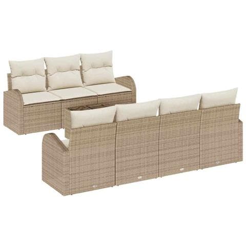 Set di divano da giardino  8 pezzi con cuscini Beige Polyrattan, Divano da giardino  2 posti con stoccaggio e cuscini Beige Polyrattan - Foto 1