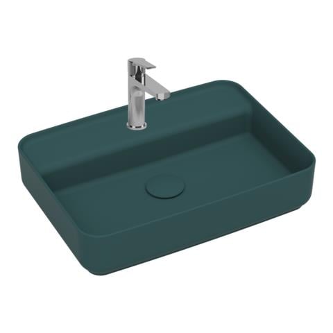 Lavabo Rettangolare Da Appoggio Senza Troppo Pieno In Ceramica Con Foro Rubinetto - Verde Petrolio Opaco - Foto 1