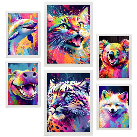 Set Di 6 Stampe Animali Terrestri E Acquatici In Formato Ritratto. Vivaci Illustrazioni In Stile Acquerello Di Animali Sorridenti. Design D'interni. A3 & A4 Cornice Bianca - Foto 1