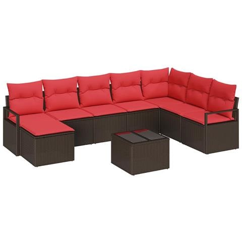 Set di divani con cuscino 9 pcs Marrone e Rosso polyrattan - Foto 1