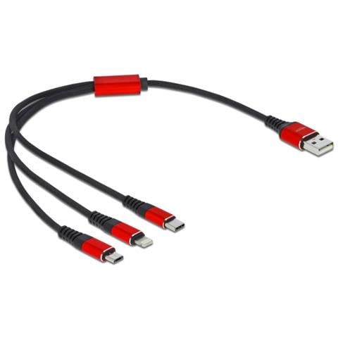 Cavo di ricarica USB 3 in 1 Tipo-A a Lightning / 2 x USB Type-C da 30 cm nero / rosso - Foto 1
