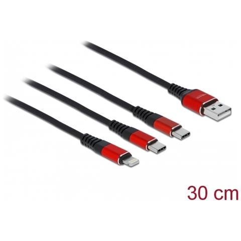 Cavo di ricarica USB 3 in 1 Tipo-A a Lightning / 2 x USB Type-C da 30 cm nero / rosso - Foto 2