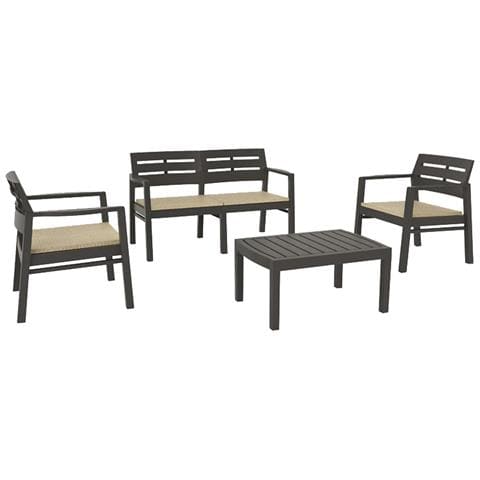 Salotto In Resina Effetto Legno Con Poltrone Divano Tavolino Con Cuscini Antracite Java - Foto 1