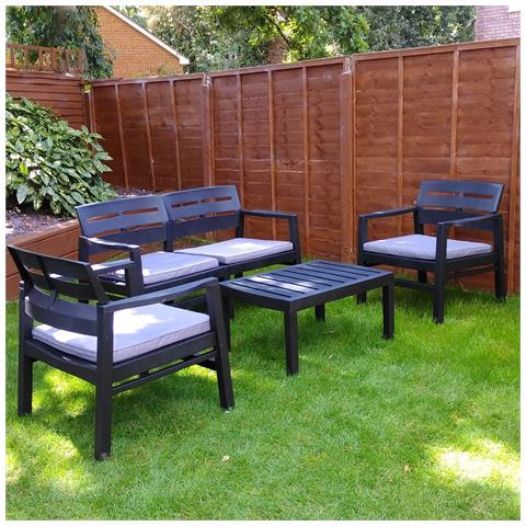 Salotto In Resina Effetto Legno Con Poltrone Divano Tavolino Con Cuscini Antracite Java - Foto 2