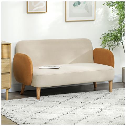 Divano 2 Posti Stile Nordico in Tessuto Effetto Velluto e Legno, 138x73x74 cm, Crema e Arancione - Foto 6