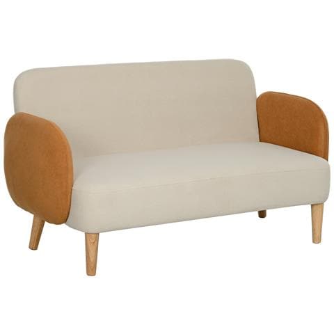 Divano 2 Posti Stile Nordico in Tessuto Effetto Velluto e Legno, 138x73x74 cm, Crema e Arancione - Foto 1