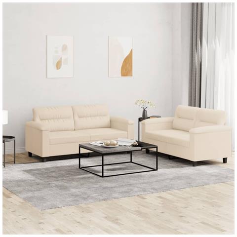 Set Divani 2 Pz Con Cuscini Beige In Tessuto Microfibra - Foto 1