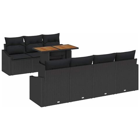Set da Pranzo da Giardino in 8 Pezzi con Cuscini Rattan Nero Acacia - Foto 1