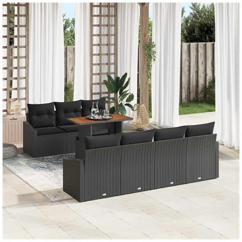 Set da Pranzo da Giardino in 8 Pezzi con Cuscini Rattan Nero Acacia - Foto 2