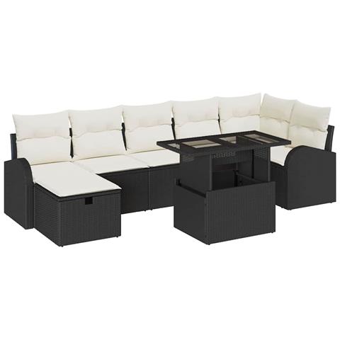 Set Divano da Giardino in 8 Pezzi con Cuscini Neri in Polyrattan, Divano da Giardino a 2 Posti con Ripostiglio e Cuscini Neri in Polyrattan - Foto 1