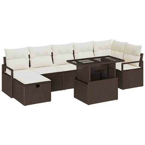 Set Divano Giardino 8 Pezzi con Cuscini Marrone Polyrattan, Divano Giardino 2 Posti con Storage&Cuscini Marrone Polyrattan - Foto 1