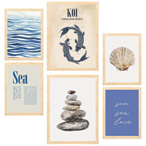 Set Di 6 Stampe Dipinto Decorativo Mare, Oceano, Marina Incorniciato Con Illustrazioni Di Design Per La Decorazione Della Parete A3 & A4 Telaio In Legno Chiaro - Foto 1