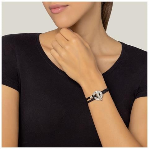 Bracciale In Pelle Nera Con Chiusura Ad Anello Placcata Argento - Foto 2