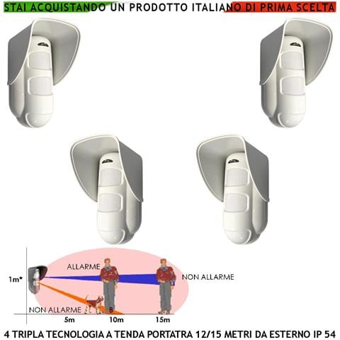 Sensore Movimento Tripla Tecnologia Da Esterno 4 Pezzi Portata 15 Metri Grandangolo O Tenda Regolabile Da 5/12 Metri A - Foto 1