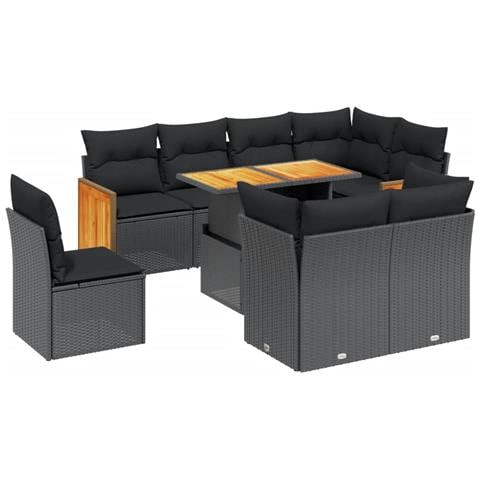 Set Divani Da Giardino 9 Pz Con Cuscini Nero In Polyrattan - Foto 1