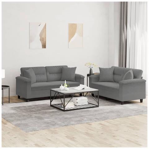 Set Divani 2 Pz Con Cuscini Grigio Scuro In Tessuto Microfibra - Foto 1