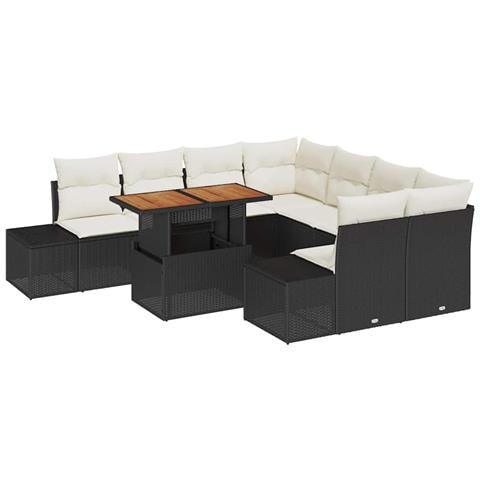Set da pranzo da giardino in 9 pezzi con cuscini in polyrattan nero e acacia - Foto 1