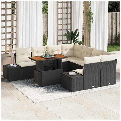 Set da pranzo da giardino in 9 pezzi con cuscini in polyrattan nero e acacia - Foto 2