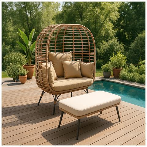 Jane Set Poltrona E Poggiapiedi Effetto Rattan Con Cuscino Beige - Foto 8