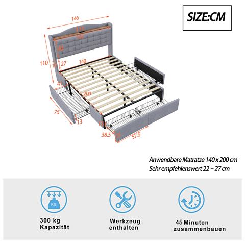 Letto Matrimoniale Con 4 Cassetti E Caricatore Usb - Foto 3