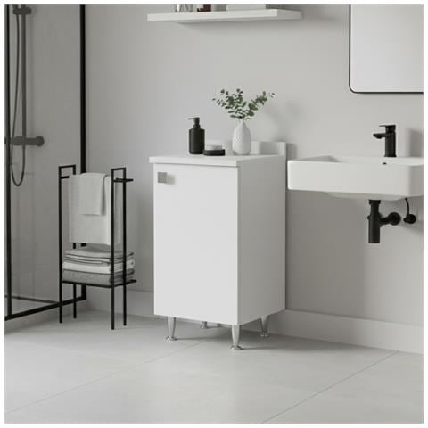 Mobiletto Con Alzatina Bianco | Mobile Multiuso Con Piedini In Metallo E Ripiano Regolabile | Già Assemblato Per Bagno, Lavanderia, Cucina E Ingresso - Foto 2