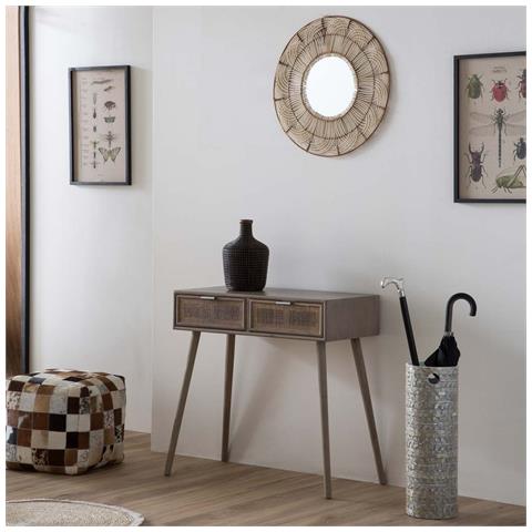 Mobile Da Ingresso In Legno E Griglia In Bambù Con 2 Cassetti Grigi 80x42x79h - Foto 2