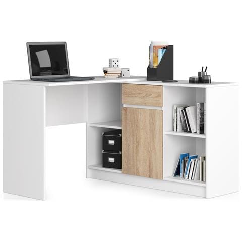 Scrivania ad angolo B17, 1 anta 1 cassetto, 120x126x79 cm, Colore Bianco e Sonoma Quercia - Foto 1