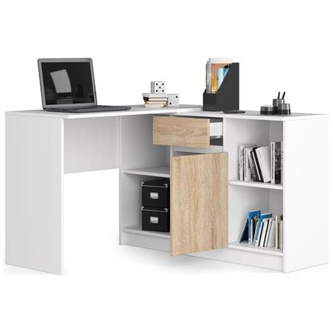 Scrivania ad angolo B17, 1 anta 1 cassetto, 120x126x79 cm, Colore Bianco e Sonoma Quercia - Foto 2