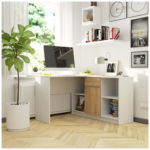 Scrivania ad angolo B17, 1 anta 1 cassetto, 120x126x79 cm, Colore Bianco e Sonoma Quercia - Foto 5