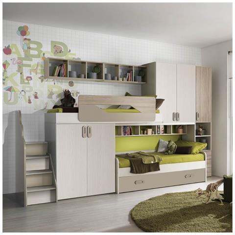 Cameretta Soppalco Milly Con 3 Letti Colore Talco Verde E Brown - Foto 1