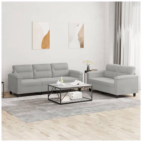 Set Divani 2 Pz Con Cuscini Grigio Chiaro In Tessuto Microfibra - Foto 1