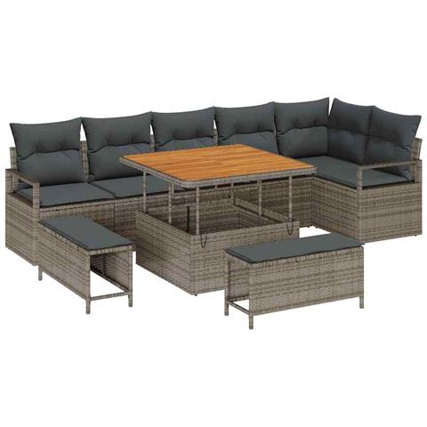 Set Divano da Giardino in 9 Pezzi con Cuscini Grigio Polirattan Acacia, Divano da Giardino per 2 Persone con Cuscini Grigio Polirattan, Set da Pranzo Giardino in 3 Pezzi con Cuscini Grigio Polirattan Acacia - Foto 1
