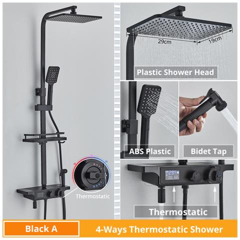 Colonna doccia, Blackswan, tipo M212, modello nero opaco, 4 vie, con termostato e bocca mobile, display LCD e doccia a pressione, misura 116 cm - Foto 2