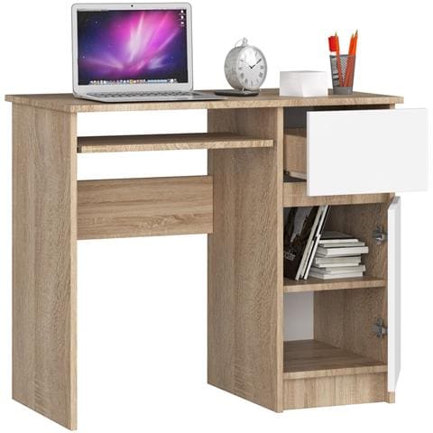 Scrivania per computer PIKSEL destro, 1 anta e 1 cassetto, 90x50x77 cm, Colore Sonoma Quercia e Bianco - Foto 2