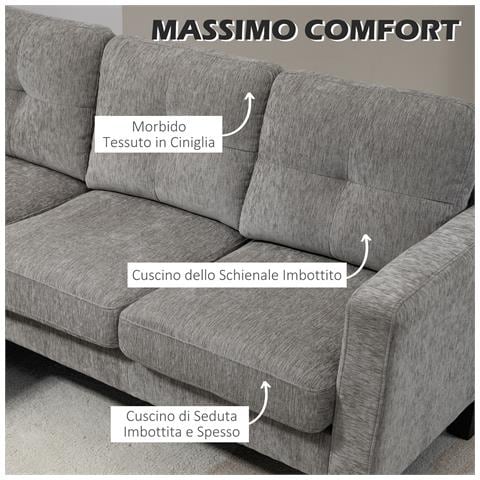 Divano Angolare 3 Posti con Cuscino per Seduta e Schienale, in Tessuto Effetto Ciniglia, 186x130x84 cm, Tortora - Foto 6
