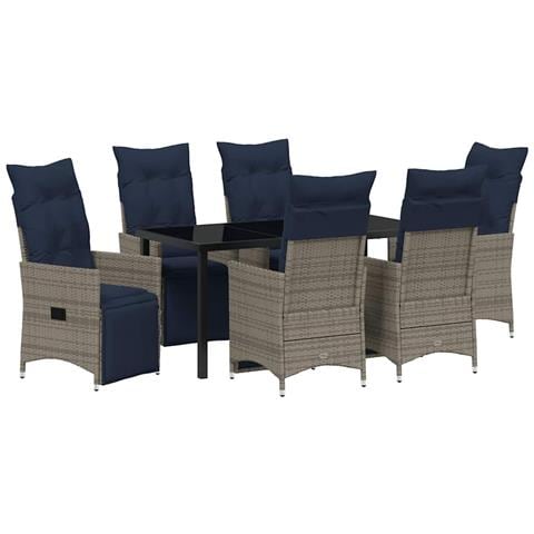 Set da Pranzo da Giardino  7 Pezzi con Cuscini Rattan Grigio, Tavolo da Giardino  Nero 160x80x73 cm Vetro Temperato - Foto 1