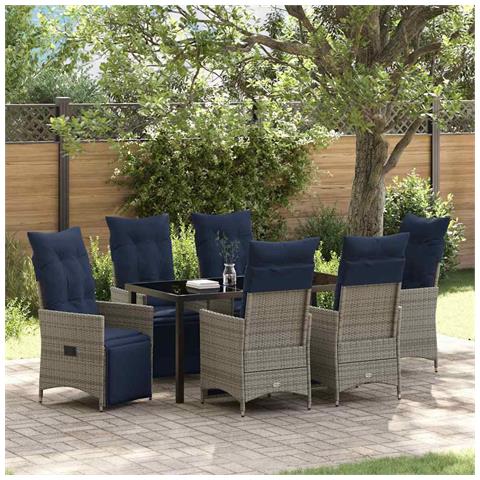 Set da Pranzo da Giardino  7 Pezzi con Cuscini Rattan Grigio, Tavolo da Giardino  Nero 160x80x73 cm Vetro Temperato - Foto 2
