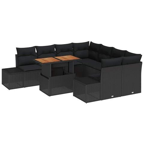 Set da Pranzo da Giardino in 9 Pezzi con Cuscini Nero in Rattan Polipropilene e Acacia - Foto 1