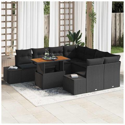 Set da Pranzo da Giardino in 9 Pezzi con Cuscini Nero in Rattan Polipropilene e Acacia - Foto 2